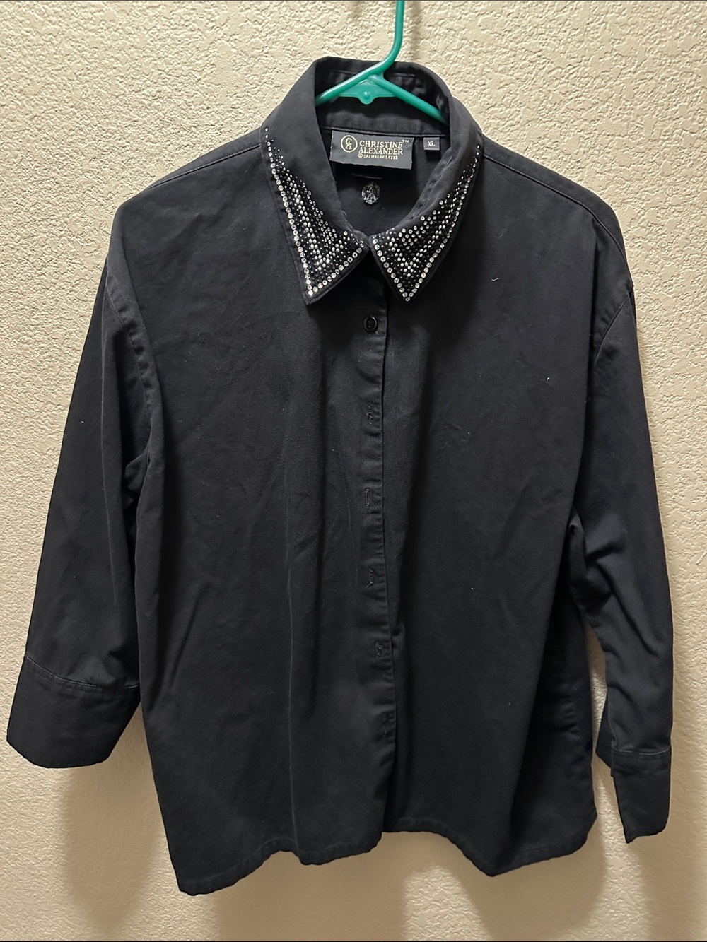 Christine Alexander Black Button-Up Shirt with Jeweled Collar